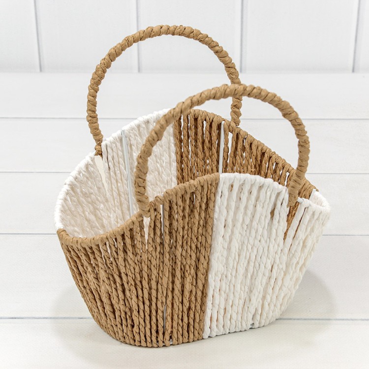 Корзина плетёная 21*13*15/21 (±5%) из бумаги с ручками Натуральный/Белый 1/80 Арт: 420123/48