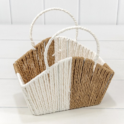 Корзина плетёная 21*12*15/20 (±5%) из бумаги с ручками Белый/Натуральный 1/80 Арт: 420223/49