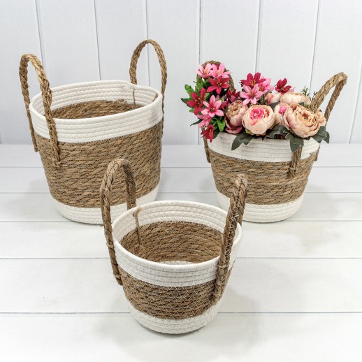 Корзины плетёные Круглые Набор 1/3 27*25 (±5%) из камыша с ручками Натуральный 1/8 Арт: 420124/25
